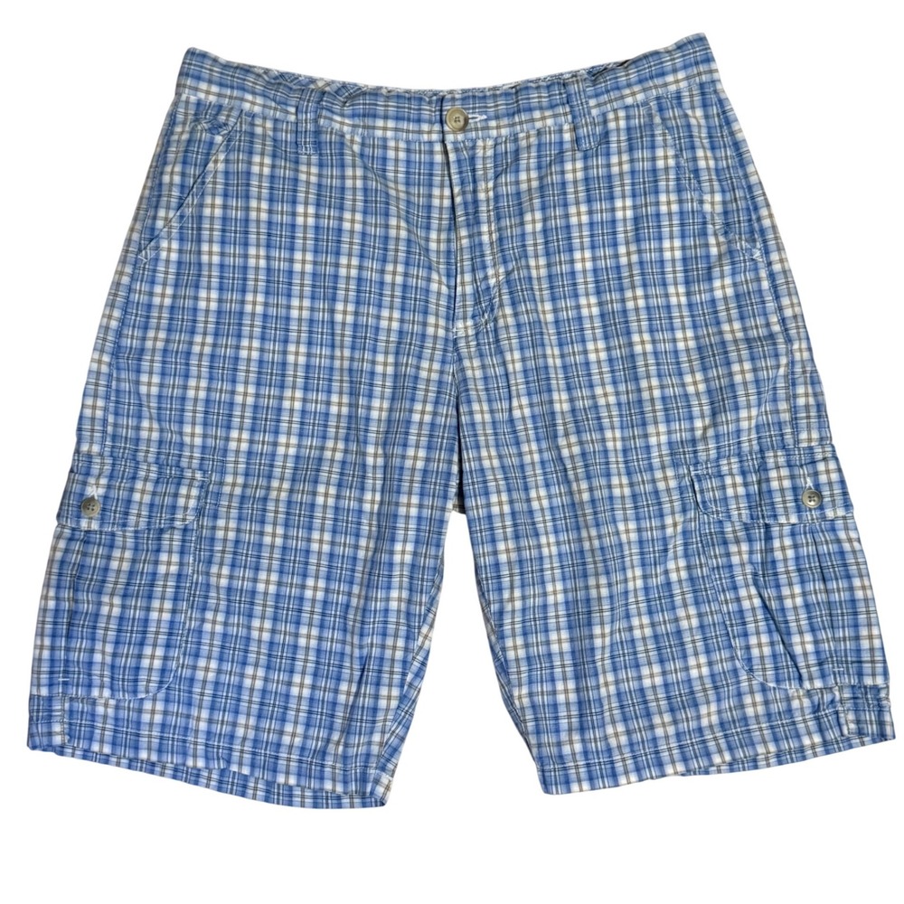 Age of Wisdom Mens‎ Plaid Cargo Shorts Size 36 Blue Tan Casual Summer